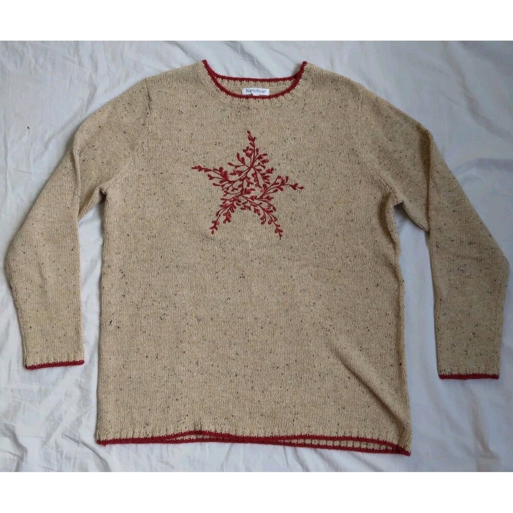 NorthStyle Embroidered Sweater Crewneck Oatmeal Red Berry Star Cottagecore Sz L